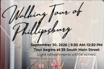 Storefront and text about Walking Tour of Phillipsburg on September 30