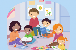 Cartoon of adults and kids reading